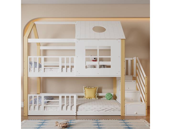 Lit Superposé 90x200cm - Lit Cabane Enfant Avec Escalier De Rangement\, Fenêtre Et Toit - Pin+mdf - Blanc+naturel