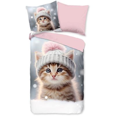 Kinderbettwäsche GOOD MORNING "Patt", rosa, B/L: 135cm x 200cm, 1 Stk., 1 Stk., Flanell, B/L: 80cm x 80cm, 2 Stk., Flanell, Obermaterial: 100% Baumwolle, Bettwäsche, Flanell, Biber, 135x200, Warm, Wende, Kind, Mädchen, Katze, Rosa, Grau