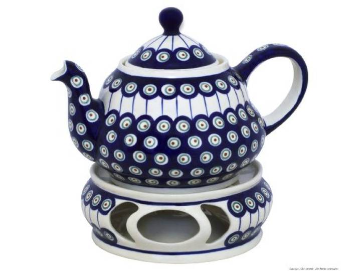 Original Bunzlauer Keramik Teekanne 1,5 Liter mit integriertem Sieb und Stövchen im Dekor 8