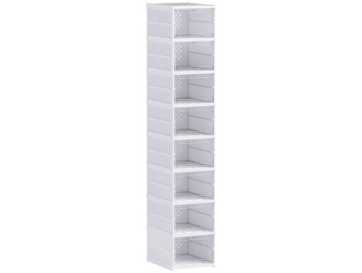 Homcom Schuhboxen Stapelbare, Faltbar 8 Stück Schuh-Organizer mit Transparenten Türen, Weiß, Kunststoff, 26x140x35 cm, Garderobe, Schuhaufbewahrung, Schuhschränke