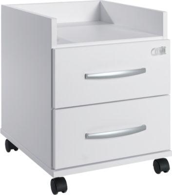 Rollcontainer, ideal für das Homeoffice, 2 Schübe mit Griffen, Ablagefach, Zentralverschluss, inkl. 2 Kippschlüssel, B 409 x T 459 x H 507 mm, weiß