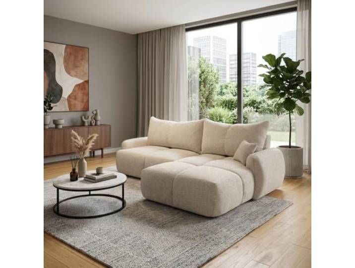 Mebligo LOBINO L-förmiges Ecksofa aus Chenille mit Schlaffunktion, Bettkasten und DL-Automat, modernes Schlafsofa fürs Wohnzimmer, Beige, Rechts