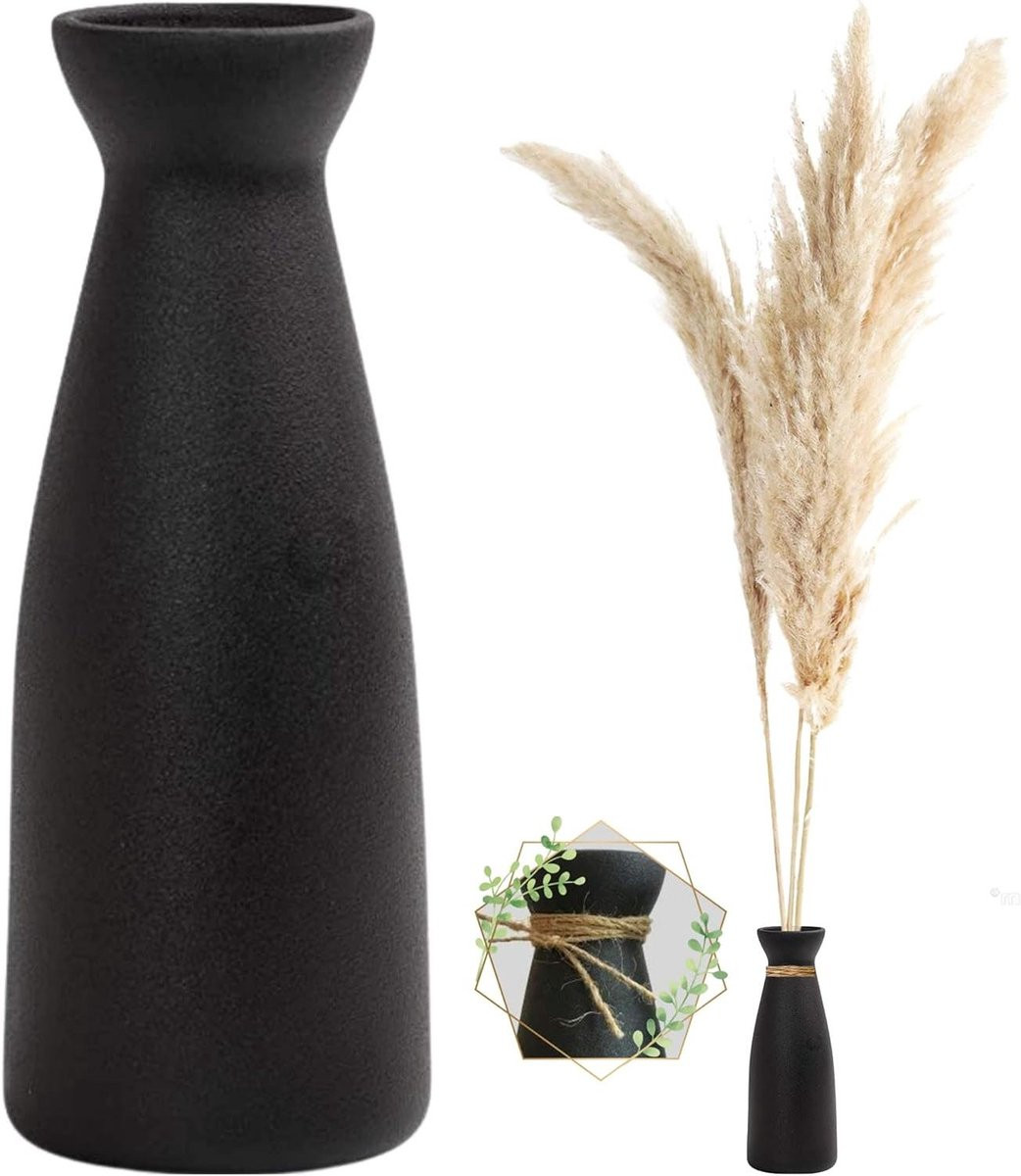 Handgemaakte keramische bloemenvaas met matte textuur in zwart, Hoogte: 21,59 cm