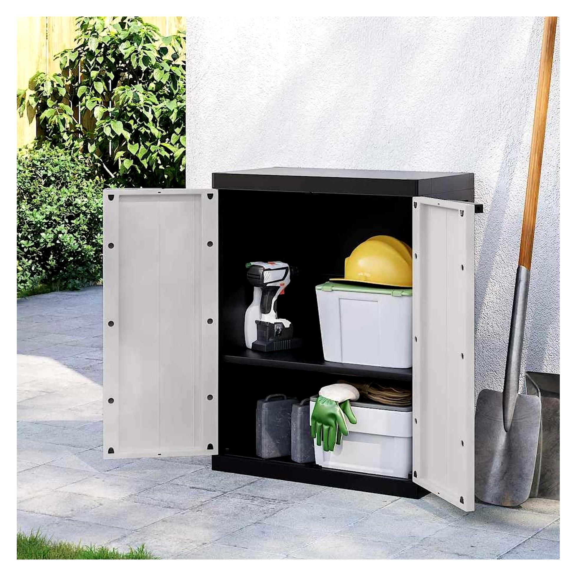 Gartenschrank Grau Schwarz 65x37x85 cm, PP Polypropylen, Witterungsbeständig, Abschließbar, Kompakt für Balkon, Terrasse, Garten, Werkzeug, Haushalt