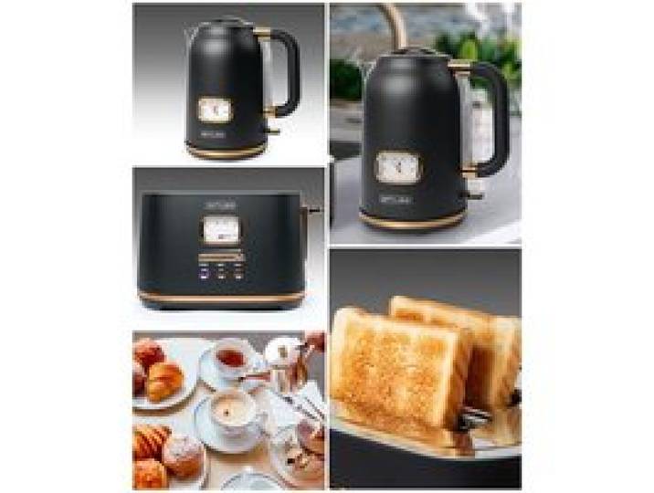 MUSE Pack petit-déjeuner rétro Noir Doré — Bouilloire sans fil 1.7L 2200W + Grille‑pain 2 fentes inox
