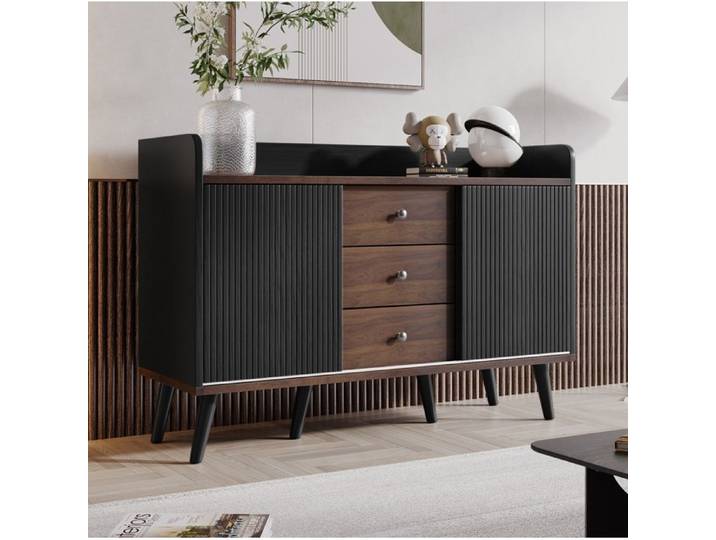 ROVRYN Buffet bas 117 5 cm avec 2 portes coulissantes 3 tiroirs étagères réglables noir et bois