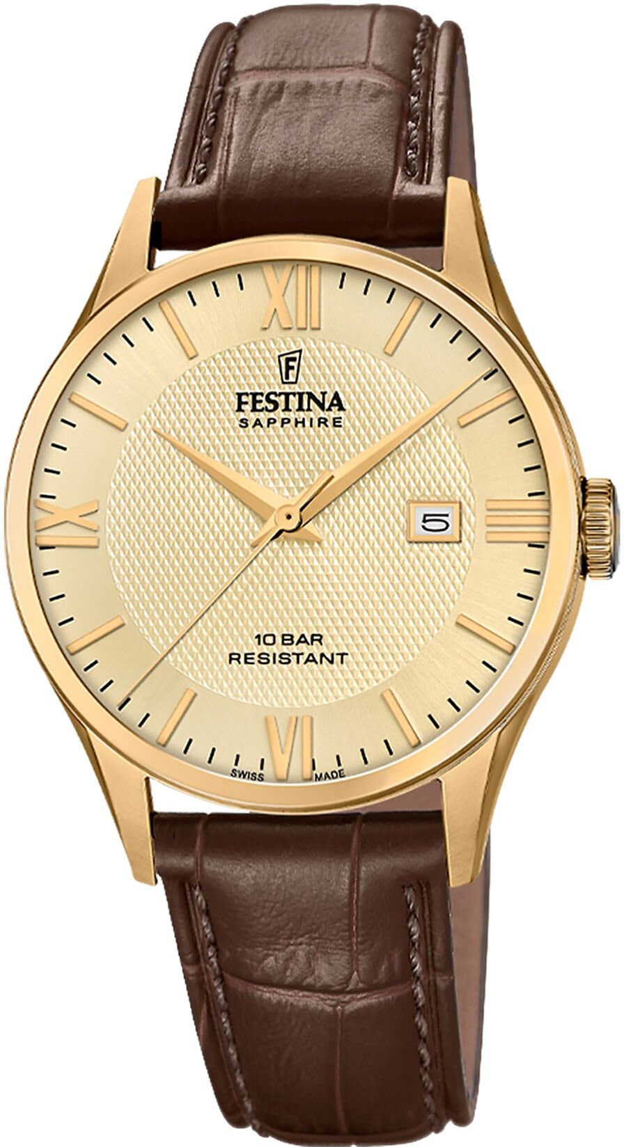 Quarzuhr FESTINA "Swiss Made Collection", braun (dunkelbraun, gelbgoldfarben), Armbanduhren, Damen, goldfarben, Quarzuhr, Armbanduhr, Damenuhr, Herrenuhr, Swiss Made, Lederarmband, Datum