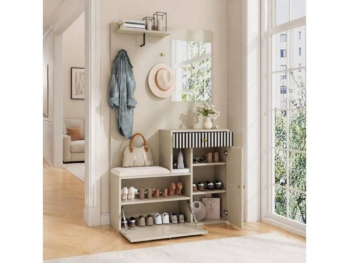 Maisentiel Ensemble vestiaire d'entrée MDF beige avec miroir assise et meuble à chaussures 110 x 37 x 185 5 cm