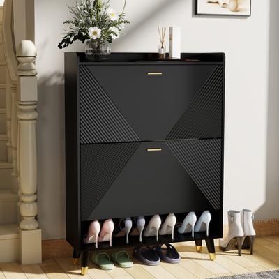 M&H Furniture Slim Shoe Cabinet, Fluted Hidden Shoe Storage Cabinet with 2 Flip Drawers