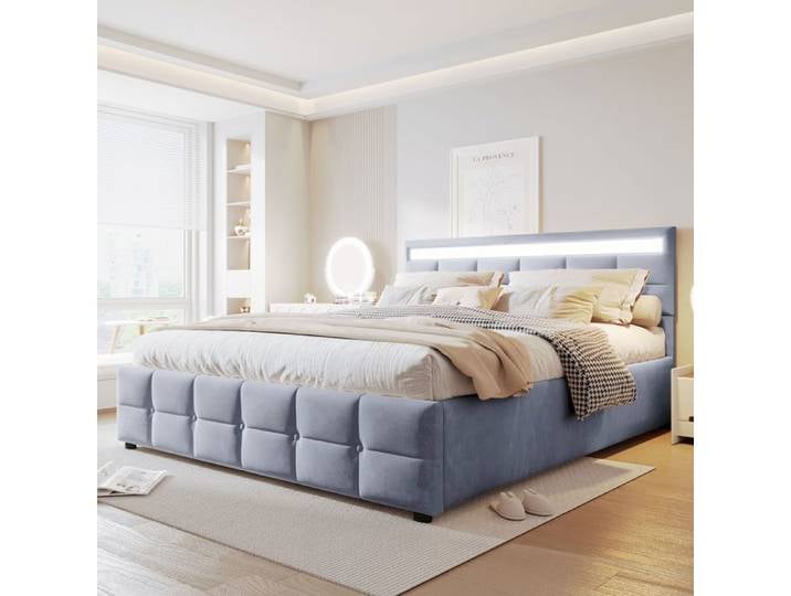 Lit capitonné - SOGEU - 180x200 - Velours bleu - Sommier inclus - LED multicolore
