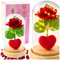 Ewige Rose in einer Kuppel mit LED-Beleuchtung Rot mit Herz 14x8cm