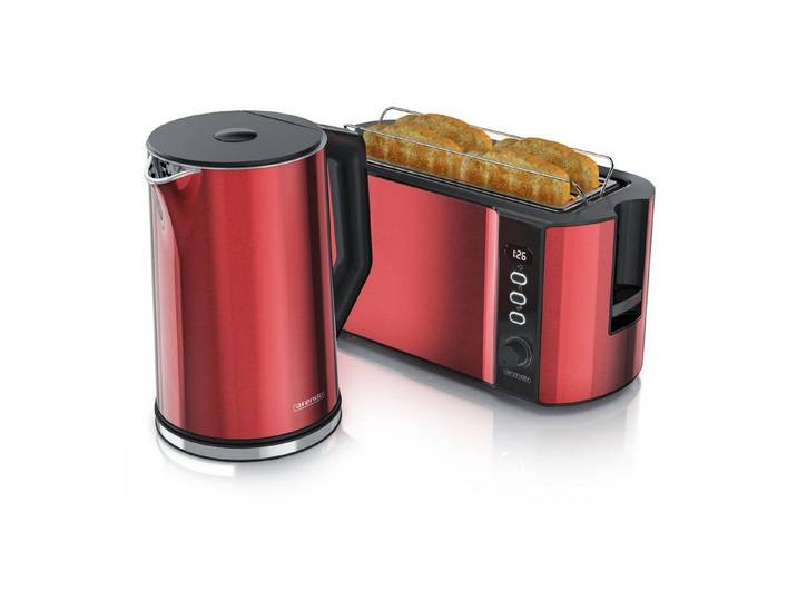 Arendo Frühstücks-Set Edelstahl Wasserkocher 1,5l, 4-Scheiben Langschlitz Toaster, Rot (2-tlg), BPA-frei, GS-geprüfte Sicherheit, perfekt fürs Familienfrühstück
