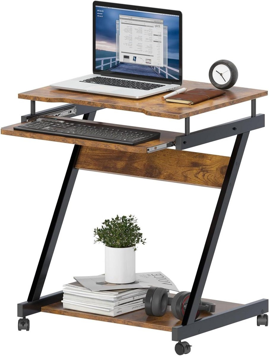 Draagbaar computerbureau met wielen en toetsenbordlade - Bruin - B/D/H: 60 x 46 x 73 cm