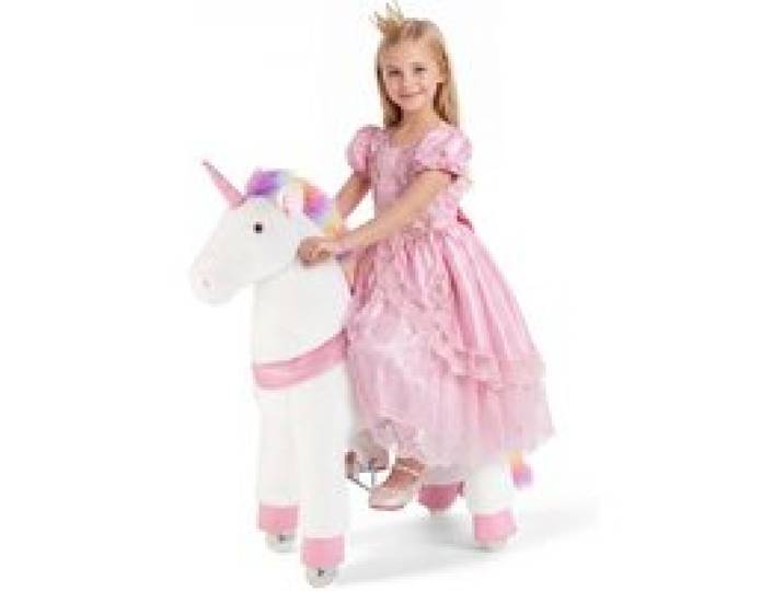 VEVOR Reitpferd auf Rollen 99cm, 80kg Belastbares Stehpferd mit Soundfunktion, Spielpferd mit Erhöhtem Sitz Griffen & Pedalen, Weißes Einhorn mit Regenbogenmähne zum Reiten für Kinder Mädchen ab 6