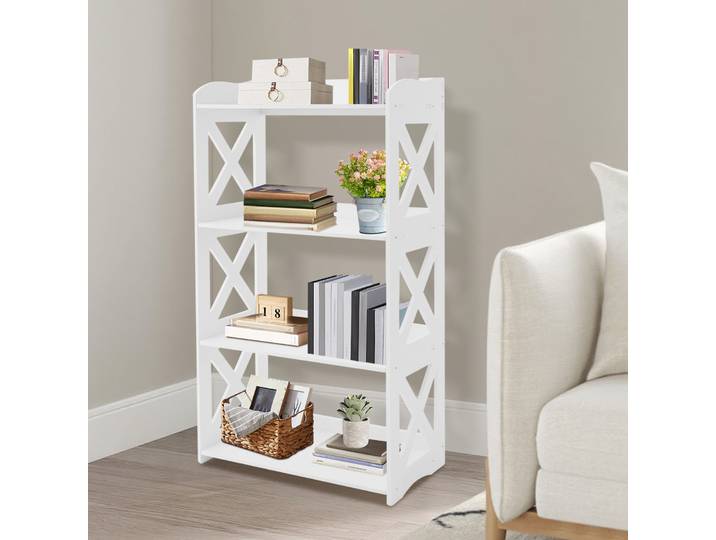 Bibliothèque en PVC à 4 niveaux, étagère ouverte blanche avec rangement spacieux, bibliothèque robuste et hydrofuge, organisateur moderne sur pied