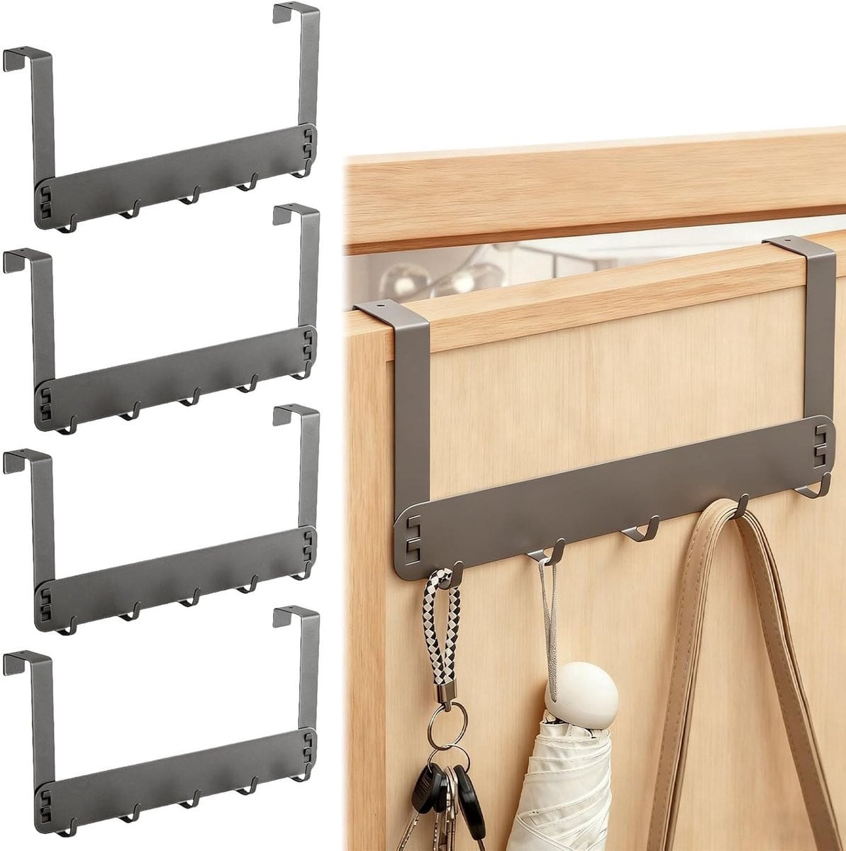 Set van 4 ruimtebesparende deurhaken met 5 haakjes voor kleding, handdoeken en accessoires