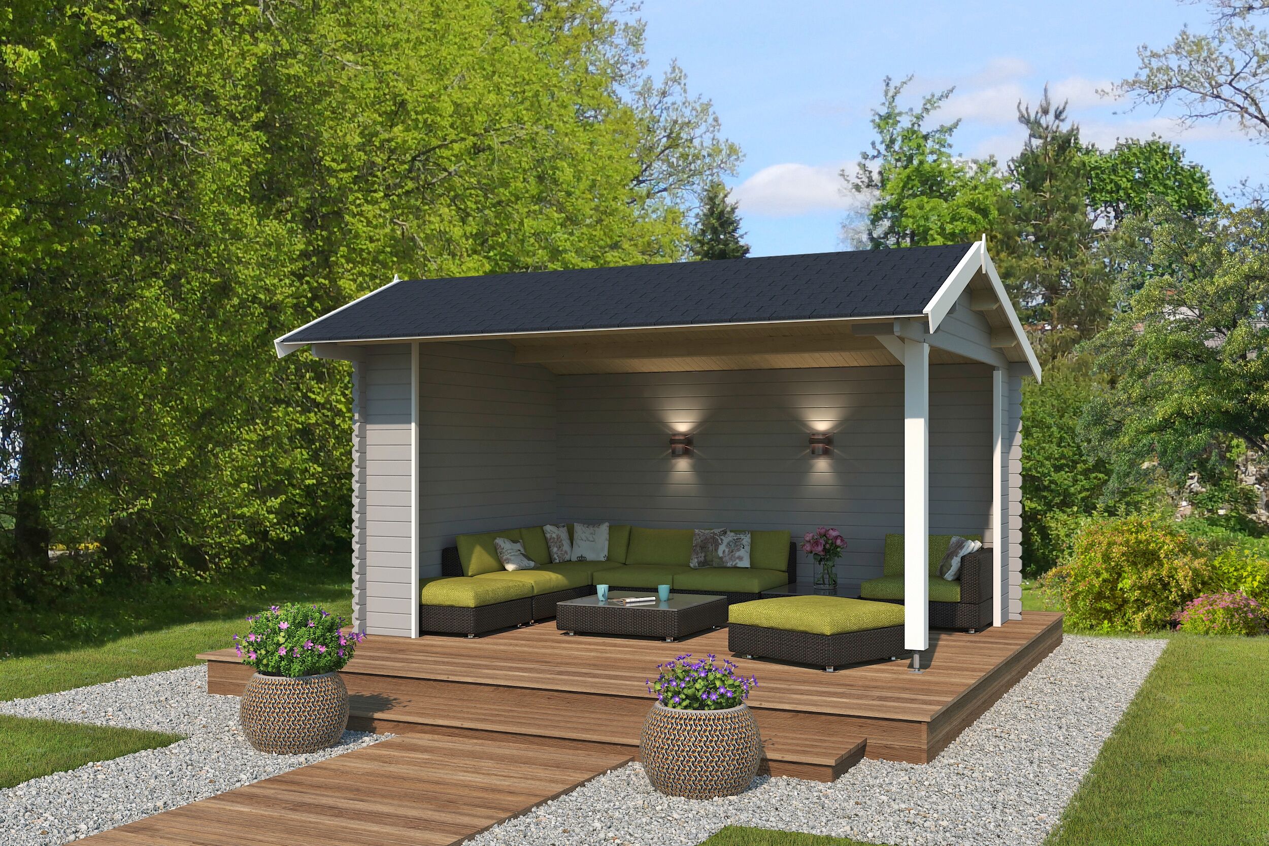Gartenhaus LASITA MAJA "Unterstand/Lounge San Diego", grau (lichtgrau), ohne Dacheindeckung, Massivholz, Gartenhäuser, Gartenhaus, Unterstand / Lounge 34mm