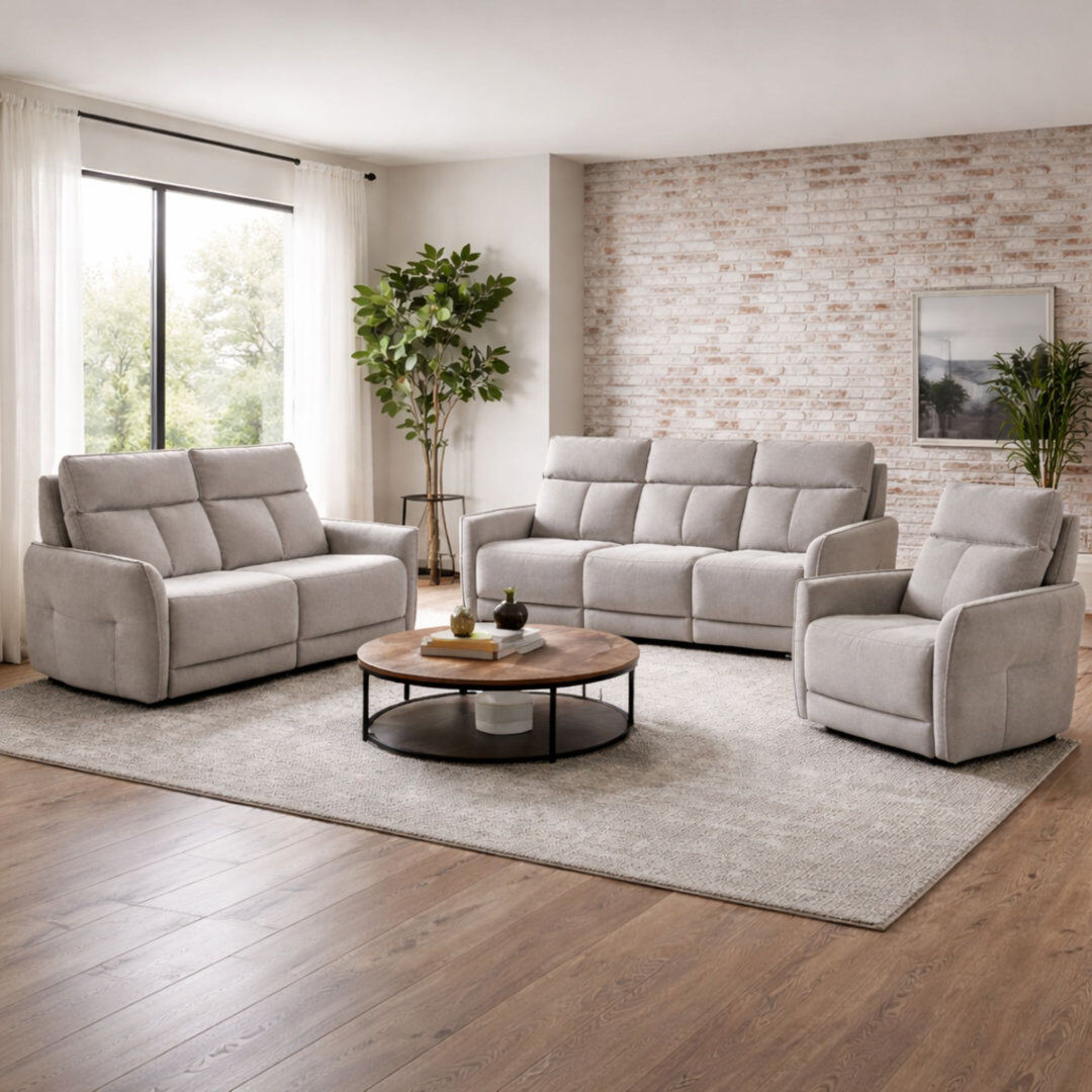 Fairmont Park Almita Fabric Upholstered Power Recliner 3 + 2 + 1 Sofa Set with USB Charging Fawn 3