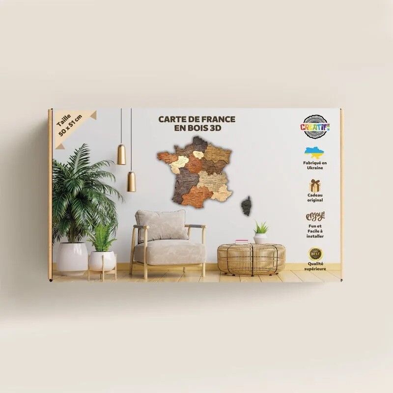 Carte de France en bois 3D 50 x 51 cm multicolor - Creatif Wood