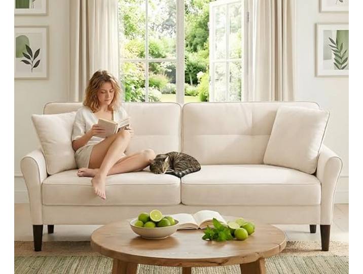 Domusensus 3 Sitzer Sofa Klein, 175 cm Kleines Sofa 3 Sitzer, Bequemes Kleines Sofas für Jugendzimmer, 3 Minuten Schnelle Montage ohne Werkzeug, Modernes Couch Klein für Wohnung oder Büro, Beige