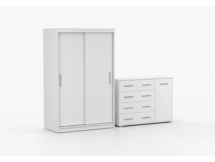 Schwebetürenschrank und Kommode 2er-Set NEOMI 04/FRIDA 02 Weiß Weiß