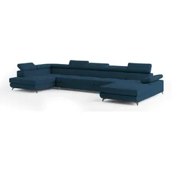 WOHNLANDSCHAFT MONTIVA Blau Velours-Stoff mit Schlaffunktion