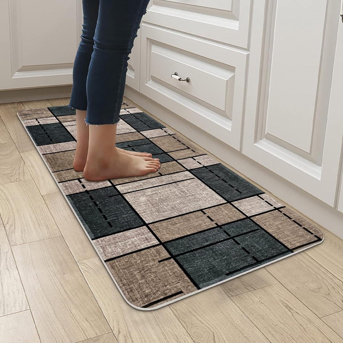 Antislip Gangkleed voor Keuken of Hal - Lichtbruin Geruit - 60 x 150 cm
