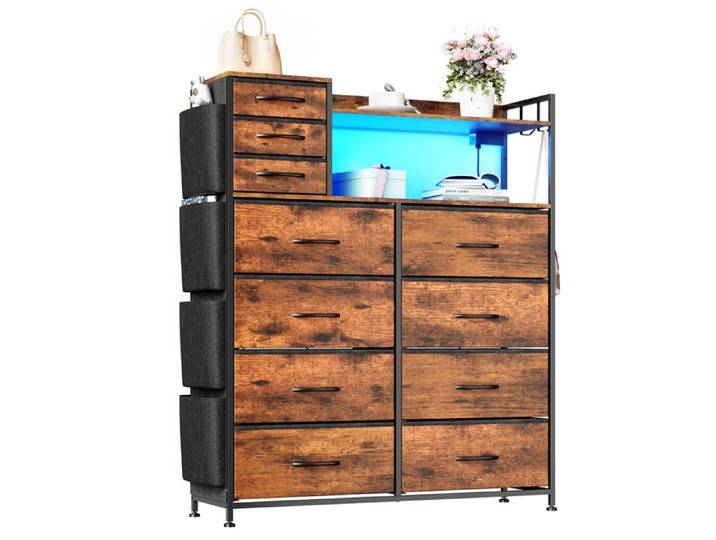Commode haute 11 tiroirs en tissu - Rangement multifonctionnel - LED USB prise électrique - Anti-basculement - Chambre/salon/entrée