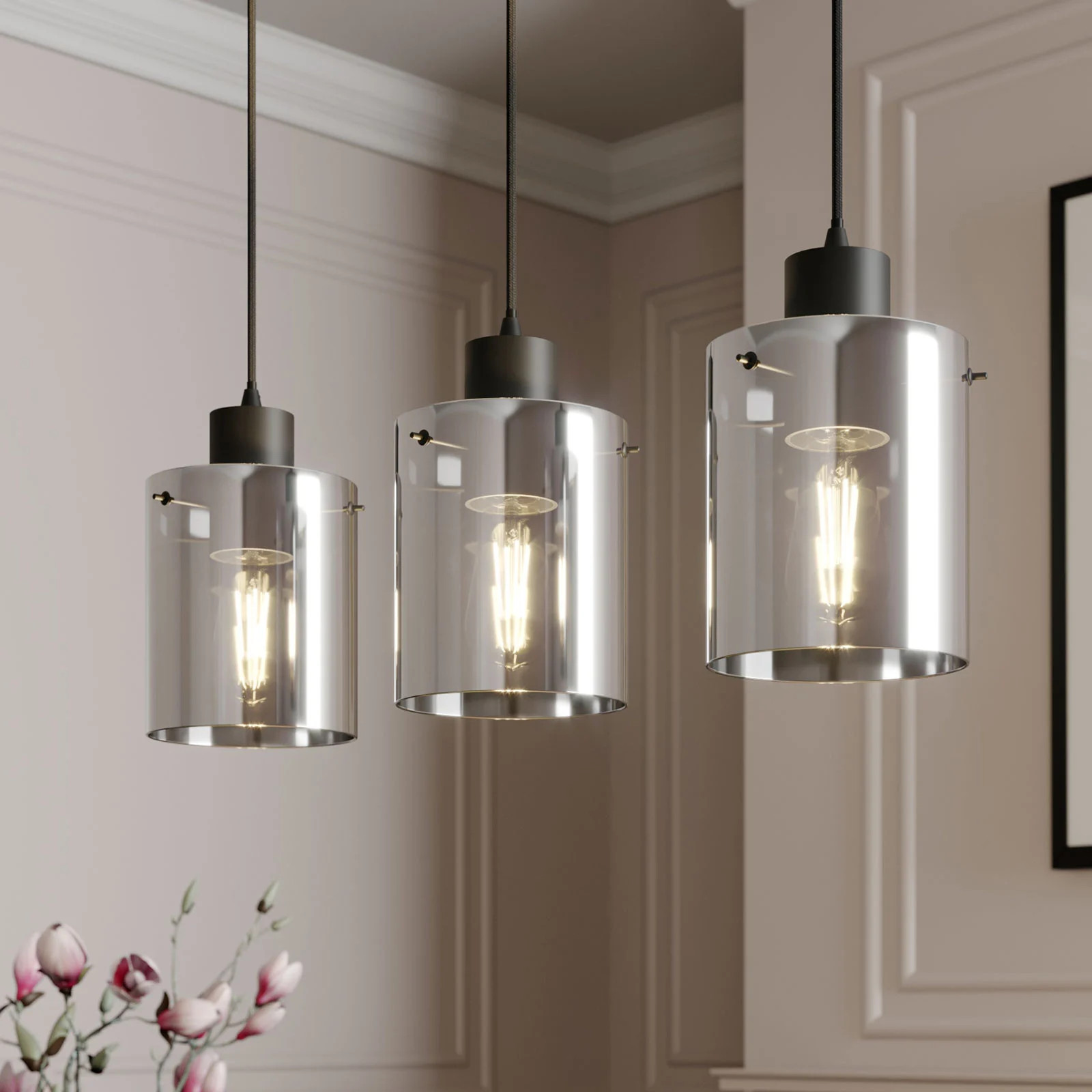 Lindby Kourtney 3 Hanglamp Modern - Glas - Zwart/Chroom/Transparant - Dimbaar