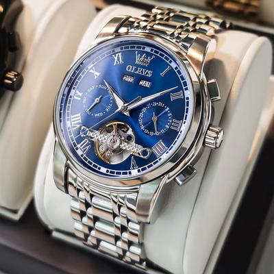 Inspired Finds OLEVS Automatic Mechanical Men's Watch Waterproof Stainless Steel Skeleton Business Wristwatch silver Blue Face