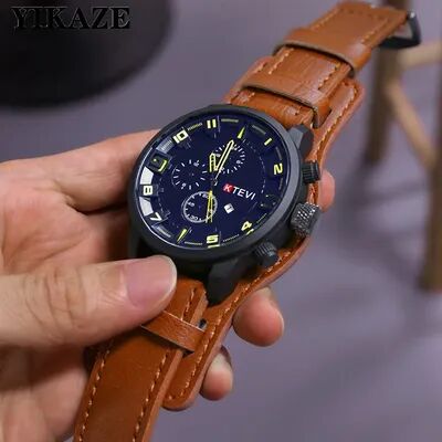 Perfect Picks Market Retro Men Big Dial Leather Band Quartz Watch Business, Military, And Sports Wristwatch orange