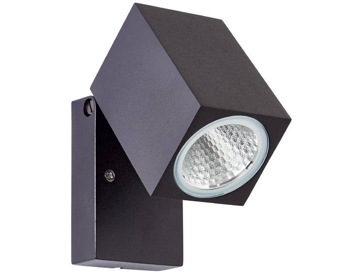 BRILLIANT schwarzer LED Außenwandstrahler BURK schwenkbarer Kopf 8W 600 Lumen 3000 Kelvin Metall/Glas IP54