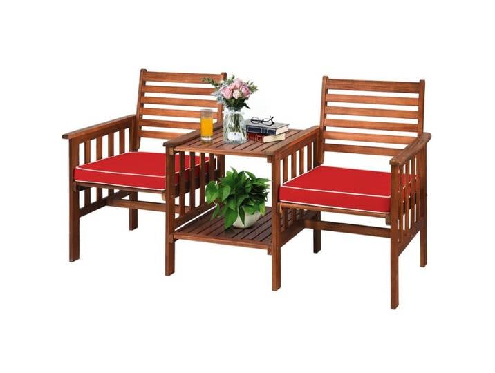 GOPLUS 3 Pièces Ensemble de Salon de Jardin en Bois d'Acacia avec 2 Fauteuils et 1 Table Chaises Banc de Patio 2 Places Rouge
