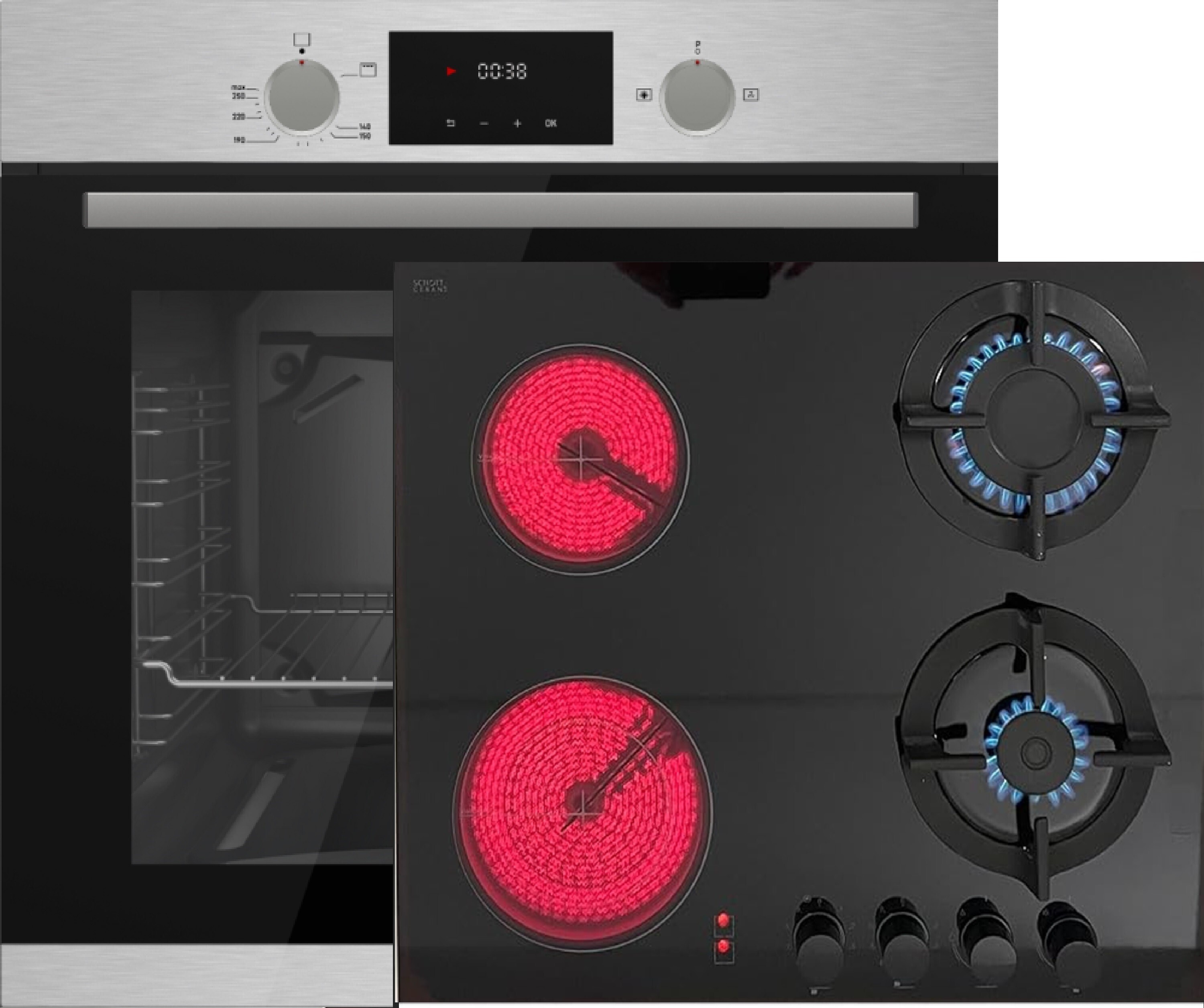 Gasline Einbau Gasherdset Autark mit Einbaubackofen Gasherd Umluft 69 Liter und Kochfeld Hybrid Kombi Glas Gas Elektro 60cm Erdgas/ Propan