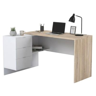 Dmora Schreibtisch Greensboro, Wendeschreibtisch mit Kommode, Eckstudie oder Büro-PC-Tisch, 145x108h73 cm, Eiche und Weiß