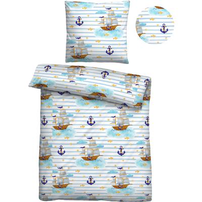 Kinderbettwäsche BIBERNA "Johanna mit Schiffen und Ankern", blau (ciel), B/L: 135cm x 200cm, 1 Stk., 1 Stk., Linon, B/L: 80cm x 80cm, 2 Stk., Linon, Obermaterial: 100% Baumwolle, Bettwäsche, hautfreundlich, kühlend, mit Reißverschluss, ganzjährig...