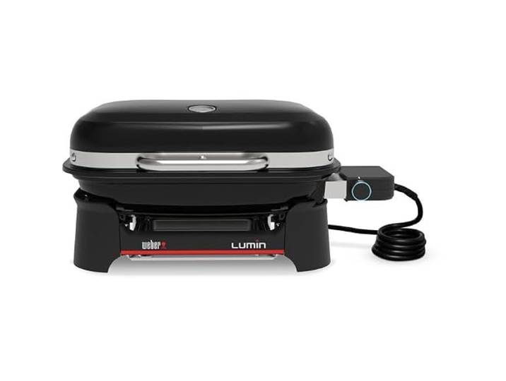 Weber Lumin Compact 1502044 Draagbare compacte elektrische grill, tot 315 °C, met dekselthermometer, geëmailleerd gietijzeren rooster, 43 x 32 cm grilloppervlak, zwart