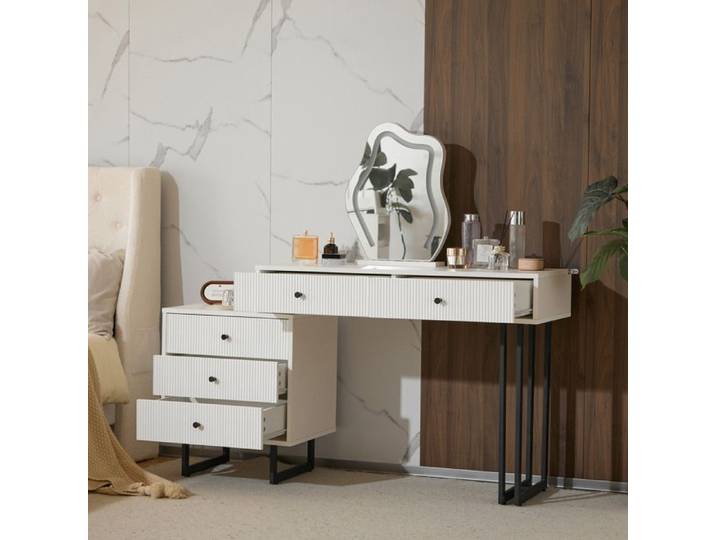 Coiffeuse avec miroir LED 3 couleurs plateau extensible 5 tiroirs blanc 100x40x76 cm sans tabouret Grjofek