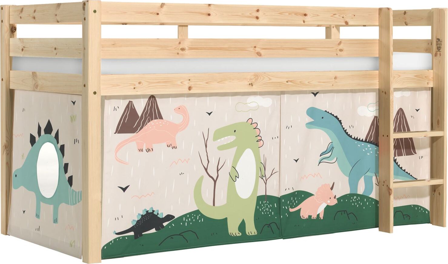 Kinderbett Karolina 210x114x106 Massivholz Natur Textilset Dino