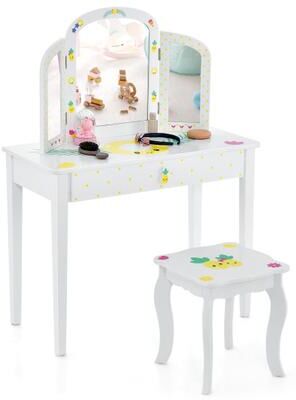 Costway Kids Vanity Table Set with Tri-Folding Mirror and Large Drawer-White