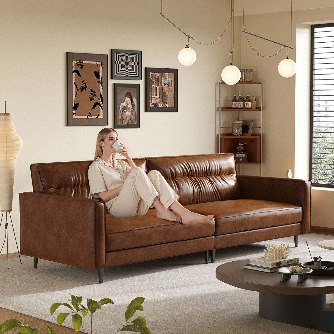 Borough Wharf 220CM Modern Vintage Brown Waxed Leather Sofa,Apartment Sofa, 2-3 Seater Sofa Couch for Living Room Brown 80cm H X 220cm W X 92cm D