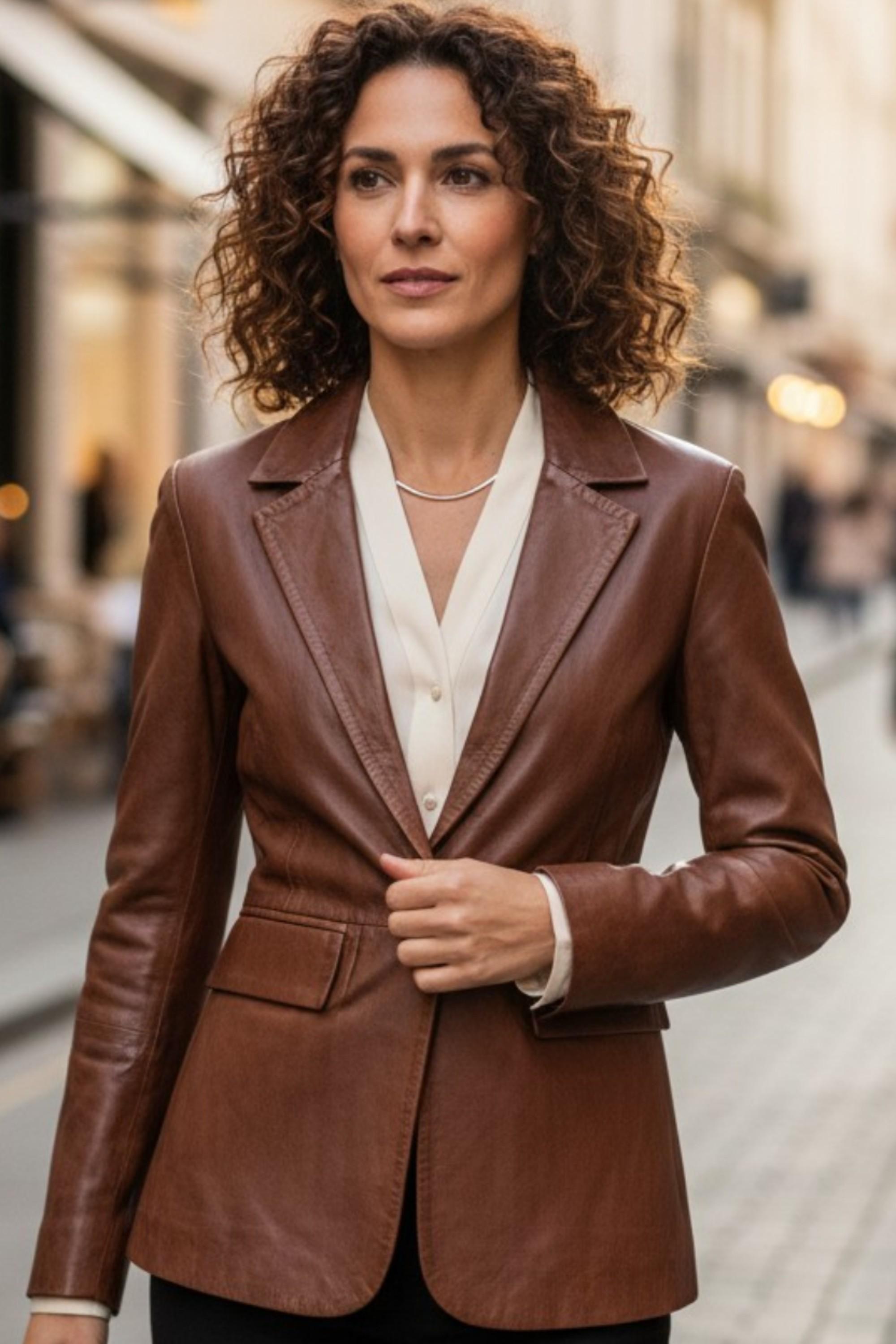 Damen beige italienische Lederblazerjacke – Eclipse