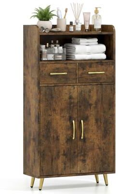 Costway Bathroom Storage Cabinet Freestanding Floor Cabinet with 2 Drawers and 2 Doors-Rustic Brown