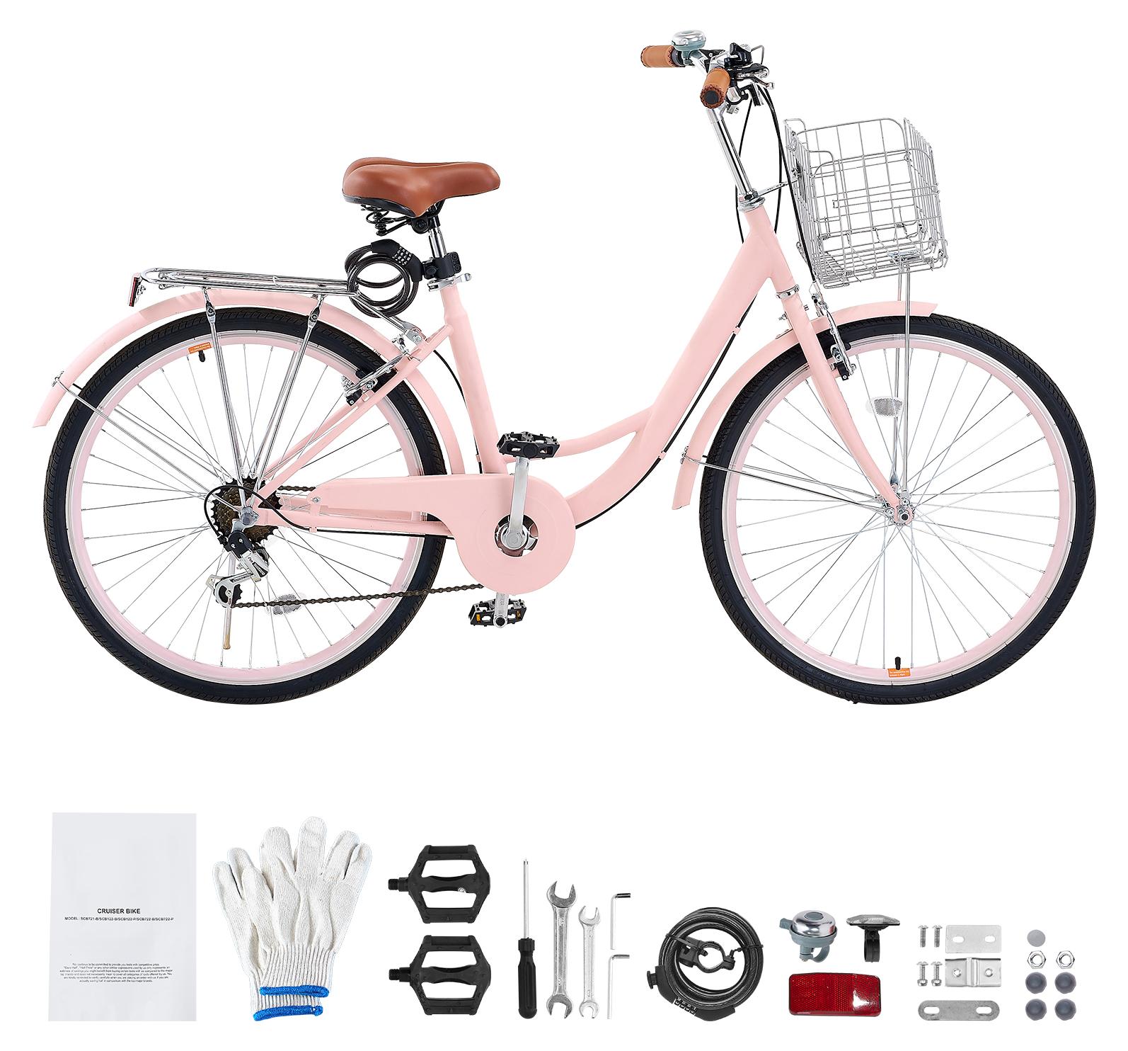 Cruiser Fahrrad mit 7 Gängen (Reifendurchmesser 660, 4 mm) Beach Fahrrad mit großem Korb & Gepäckträger, Cruiser-Fahrrad mit verstellbarem Sitz