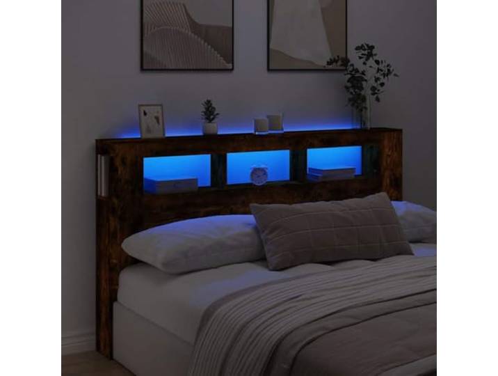 BettKopfteil mit LED, Smoke Eiche, 180x18,5x103,5 cm, RGB-Beleuchtung, Rückenstütze, Ablagefläche, Holzwerkstoff