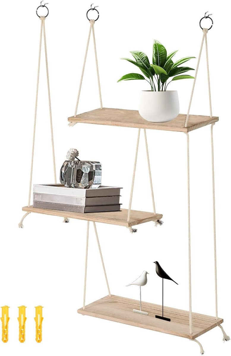 Drielaagse houten wandplank met verstelbare planken en touw - Houtkleur - B/D/H: 36 x 14 cm