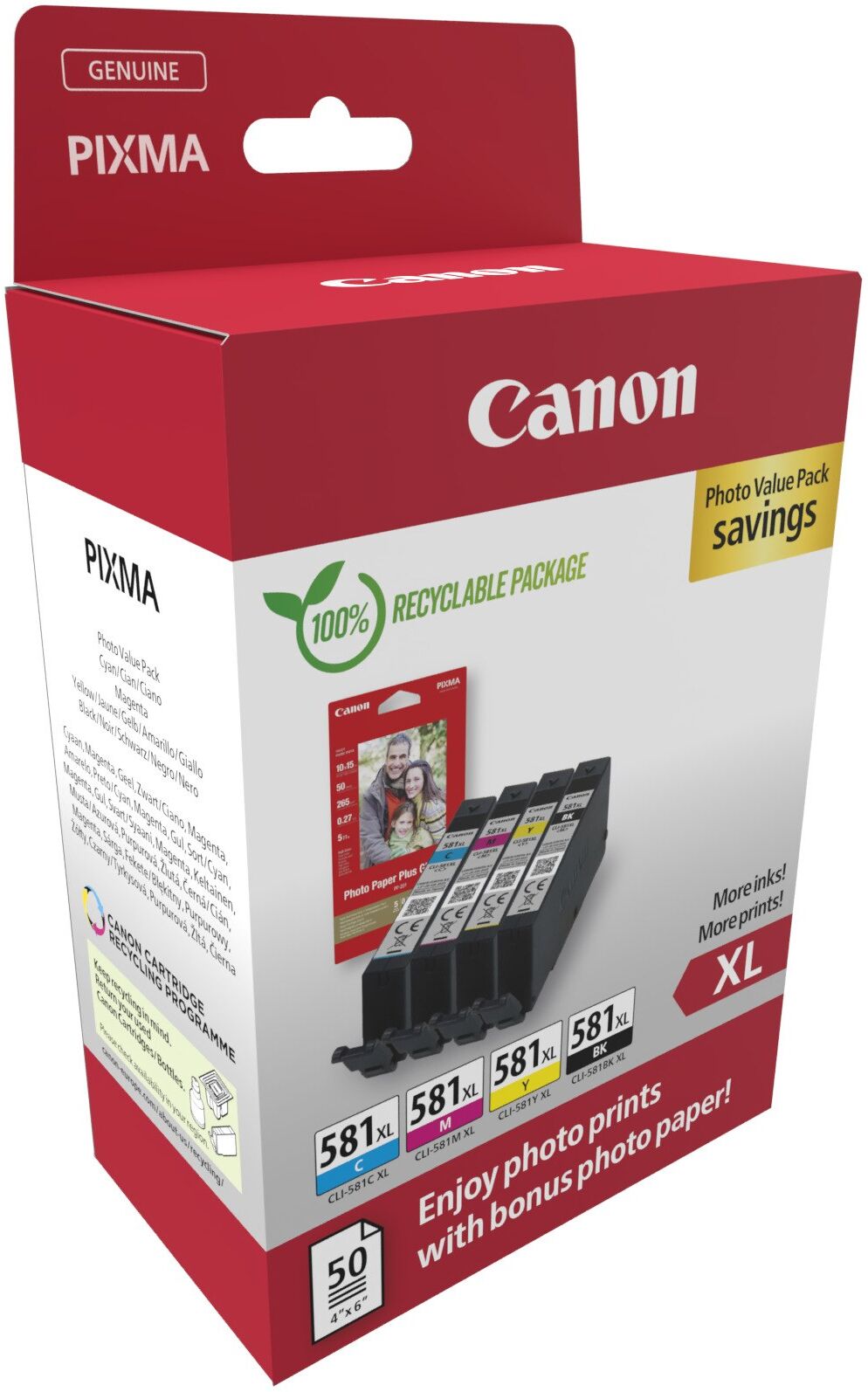 Canon CLI-581XL Original High (XL) Yield Ink Cartridge 4 pc(s) Black, Cyan, Magenta, Yellow + 50 Sheets 4x6in Photo Paper Value Pack (2052C006)