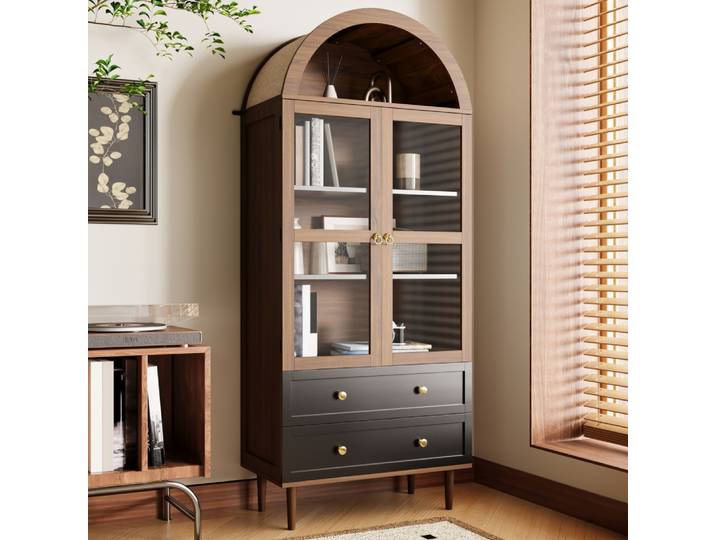 Armoire de rangement avec sols pliants réglables, armoire de rangement moderne en verre incurvé rétro, étagères réglables, buffet
