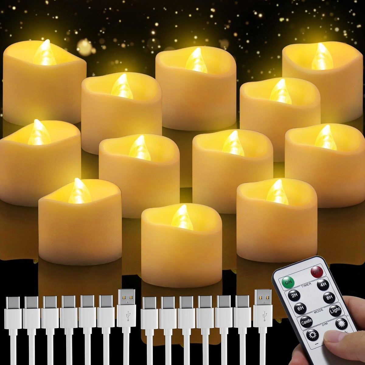 SnelShoppen LED Kaarsen Set met Timer en Afstandsbediening, 6 Stuks Oplaadbare Tealights met Vlam Effect