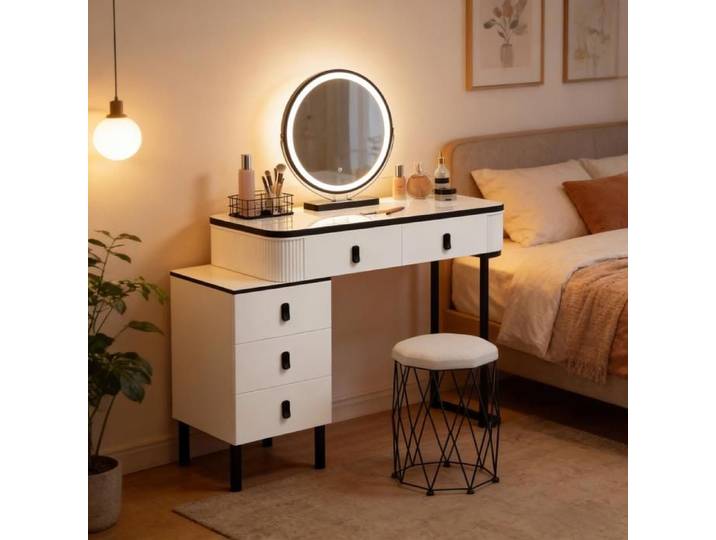 Table de bureau élégante Table de remontage élégante avec tabouret maquillage Avec éclairage LED Avec ports USB